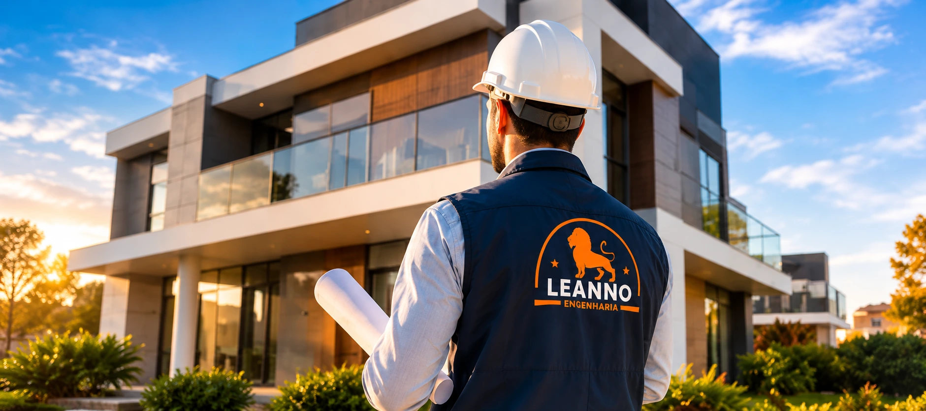 Técnico de capacete e colete LEANNO com plantas em mãos e uma casa ao fundo